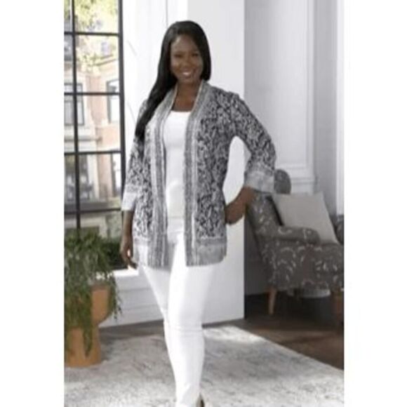 Isaac Mizrahi Live! Womens 4X Printed Open Front Knit Cardigan Black White NWT - Picture 1 of 4